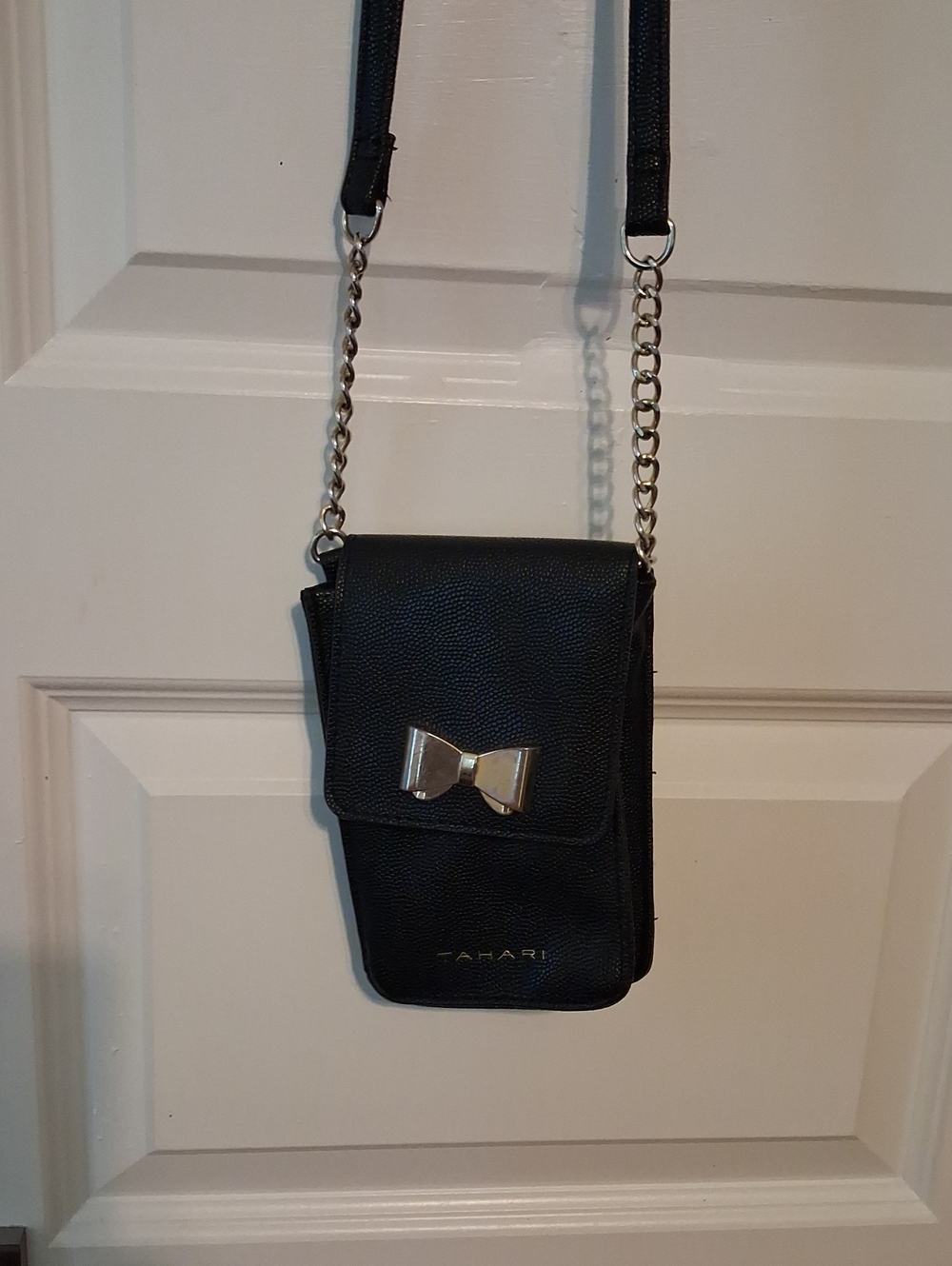 Tahari Black Crossbody Phone Pouch with Gold Bow